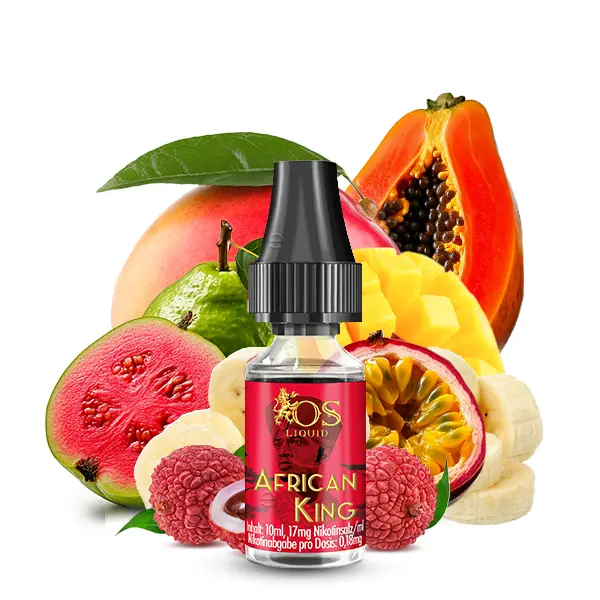 OS Liquid African King 10ml Nikotinsalz-Liquid Flasche mit tropischen Früchten wie Papaya und Litschi