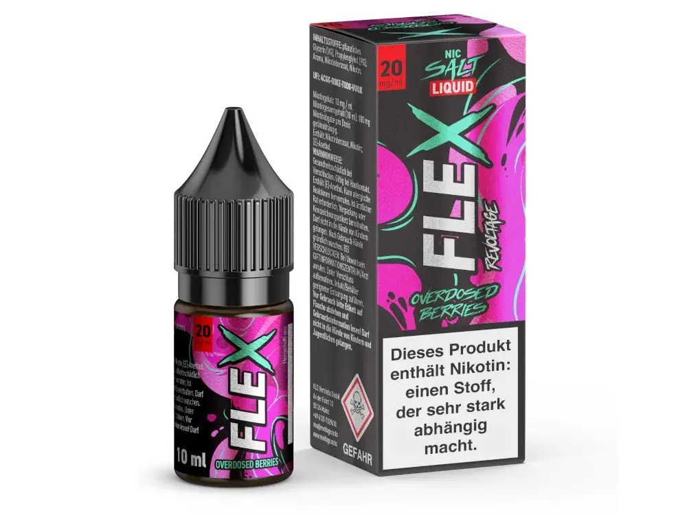 Revoltage-FLEX-Overdosed-Berries-NicSalt-20-mgml_1000x750.png.png Revoltage Flex Overdosed Berries 10ml Nikotinsalz-Liquid – Flasche und pinke Verpackung Schrägansicht