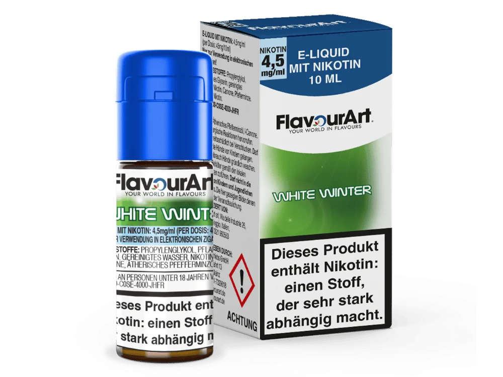 Flavourart White Winter 10ml eLiquid mit grüner Verpackungsbox und Flasche, Vorderansicht