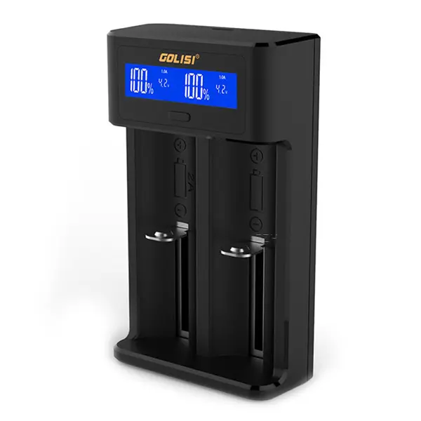Golisi i2 Ladegerät schwarz mit zwei Ladeschächten und LCD-Anzeige, Frontansicht