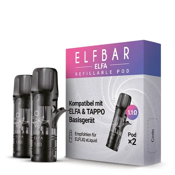 Elfbar Elfa Refillable Pod 1.1 Ohm Verpackung mit zwei schwarzen Pods, Vorderansicht