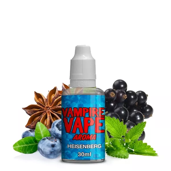 Vampire Vape Heisenberg 30ml Aroma – kleine Flasche mit blauem Etikett, umgeben von schwarzen Johannisbeeren, Blaubeeren, Sternanis und