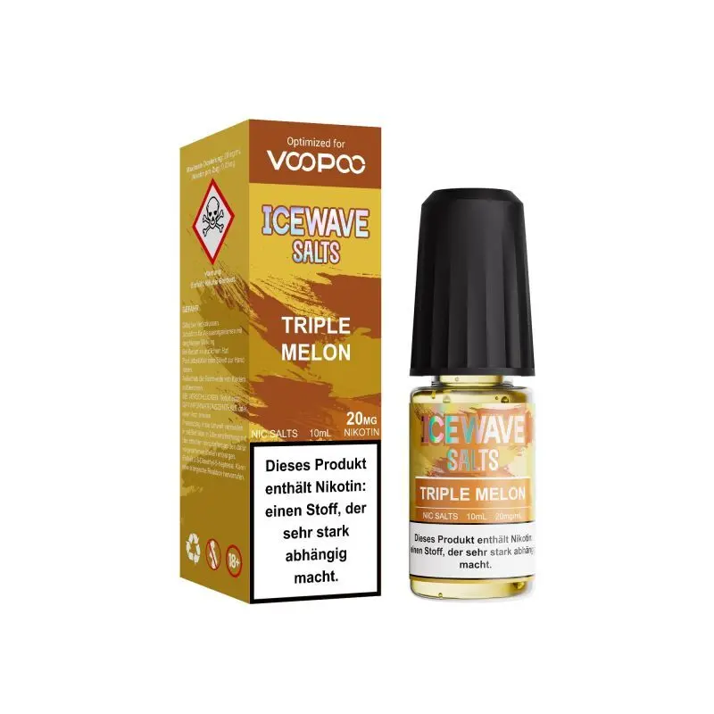 Icewave Salts Triple Melon 10ml Nikotinsalz-Liquid – goldbraune Schachtel und Flasche vor dunklem Hintergrund