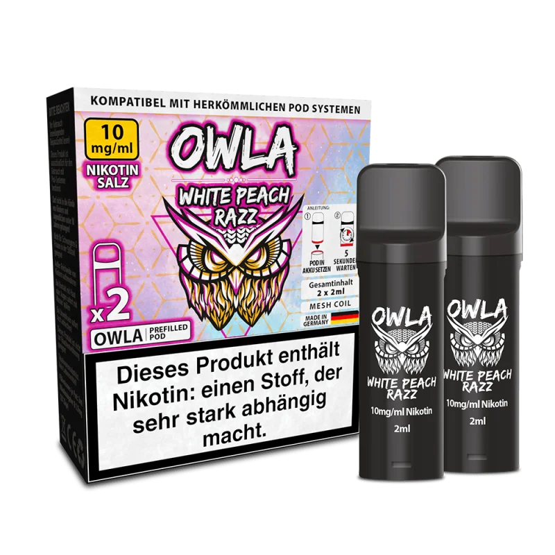 Owla White Peach Razz Prefilled Pod 2er-Pack – rosa Verpackung mit Eule und zwei schwarze Pods, 20 mg Nikotinsalz
