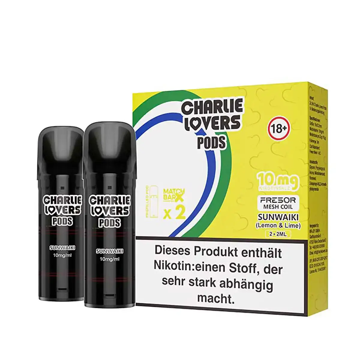 Charlie Lovers Prefilled Pod Sunwaiki 10mg – zwei schwarze Pods neben gelbgrüner Verpackung