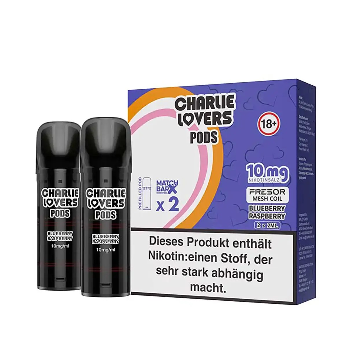 Charlie Lovers Prefilled Pod Blueberry Raspberry 2er-Pack Verpackung mit zwei schwarzen Pods, 10 mg Nikotin