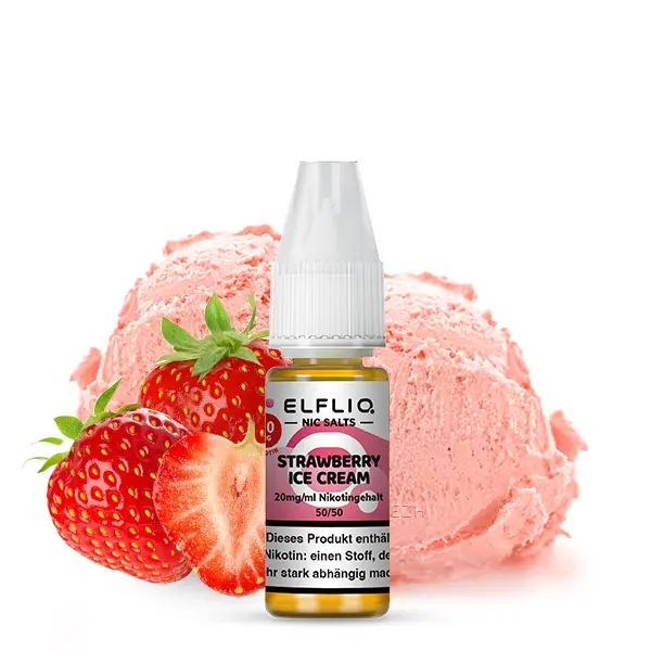 Elfbar Elfliq Strawberry Ice Cream 10ml Nikotinsalz-Liquid, Flasche vor Erdbeeren und Eiskugel