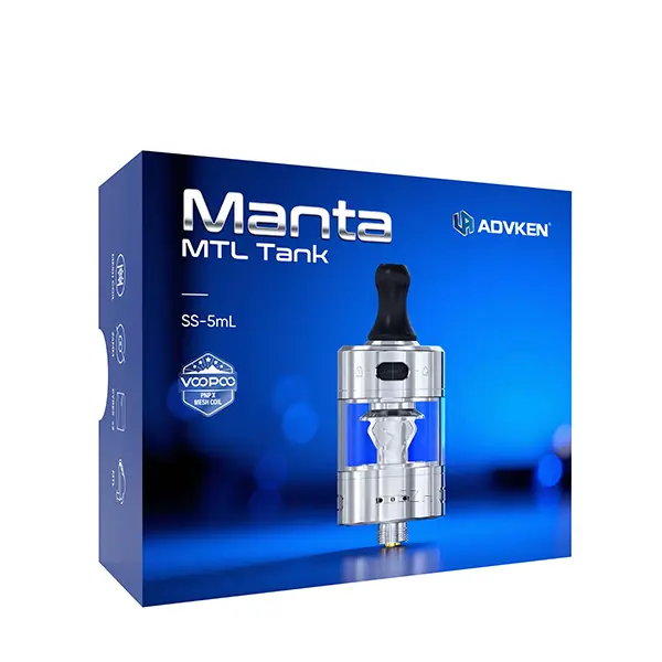 Advken Manta MTL Tank Verdampfer in silber mit blauer Produktverpackung, Vorderansicht