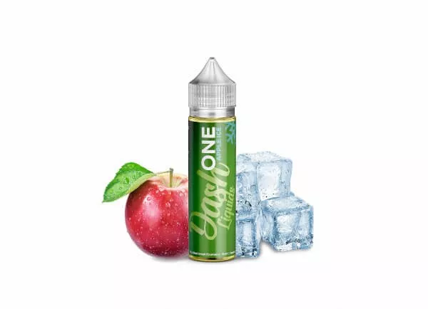 Dash One Apple Longfill 60-ml-Flasche mit grünem Etikett und zwei roten Äpfeln im Hintergrund