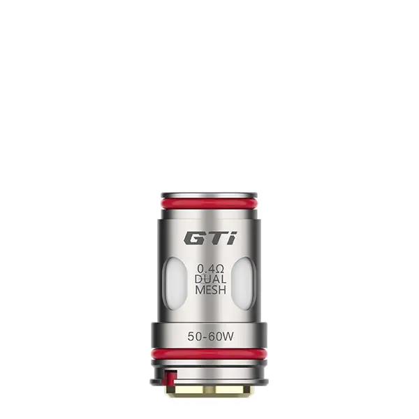 Vaporesso GTI Dual Mesh Coil Verdampferkopf Einzelansicht, silbernes Gehäuse mit rotem Ring und GTI-Beschriftung