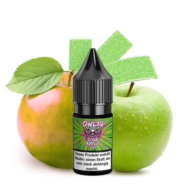 Owliq Sour Apple 10ml Nikotinsalz-Liquid – grüne Flasche mit grünem Apfel im Hintergrund