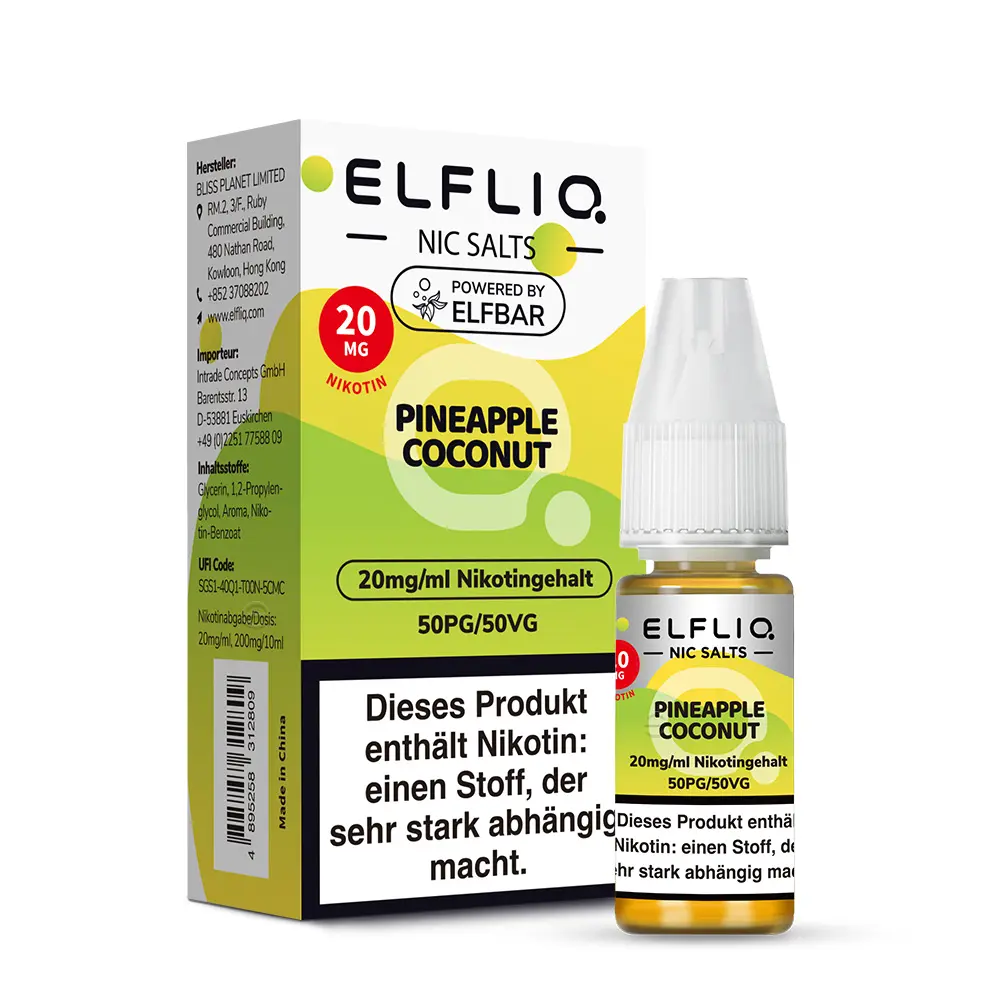 Elfliq Pineapple Coconut 10ml Nikotinsalz-Liquid von Elfbar – Flasche mit gelbem Etikett, 20 mg/ml