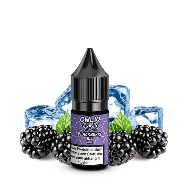OWLiq Blackberry Ice 10ml Nikotinsalz-Liquid – kleine schwarze Flasche mit Brombeeren und Eiswürfeln