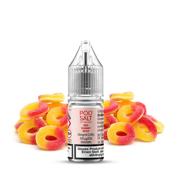 PodSalt Xtra Red Gummy Bear 10ml Nikotinsalz-Liquid – kleine Flasche mit rotem Etikett, umgeben von roten Gummibärchen-Ringen