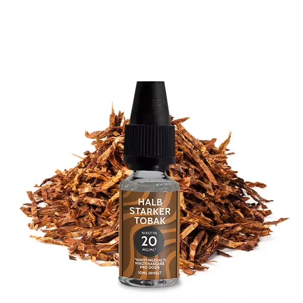 Tante Dampf Halb Starker Tobak 10ml eLiquid – 20mg Flasche vor Tabakblättern