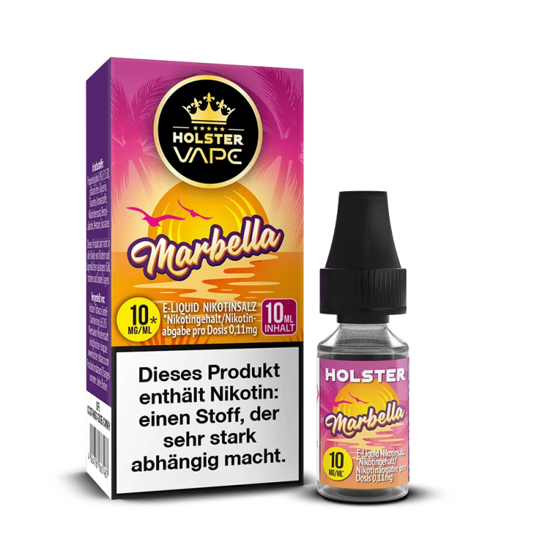 Holster Marbella 10ml Nikotinsalz-Liquid – pinke Verpackung mit Sonnenuntergang-Motiv, 10 mg/ml