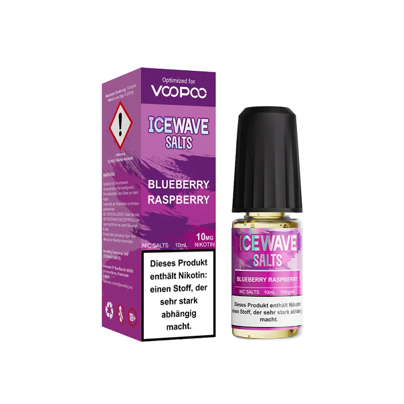 Icewave Salts Blueberry Raspberry 10ml Nikotinsalz-Liquid – violette Schachtel mit Flasche, Vorder- und Seitenansicht