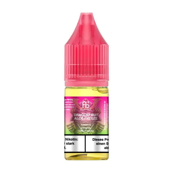 Fumot Dragonfruit Aloe Freeze Nikotinsalz-Liquid 10ml – pinkfarbene Flasche mit gelbem Liquid, freigestellt