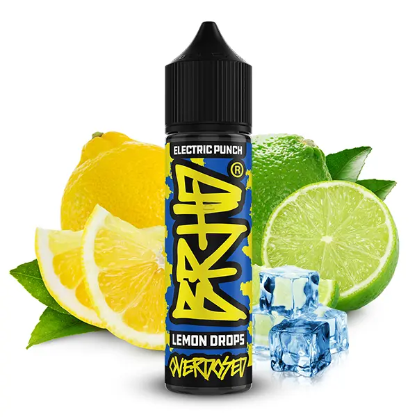 Barehead Electric Punch Lemon Drops Longfill – 60ml Flasche mit Zitronen und Limetten vor gelbem Hintergrund