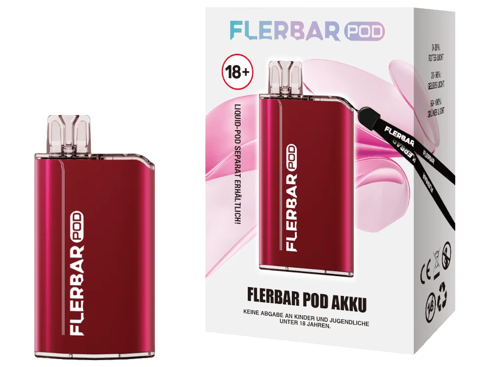 Flerbar Basisgerät in Rot mit passender Verpackungsbox, kompaktes Pod-System mit Lanyard
