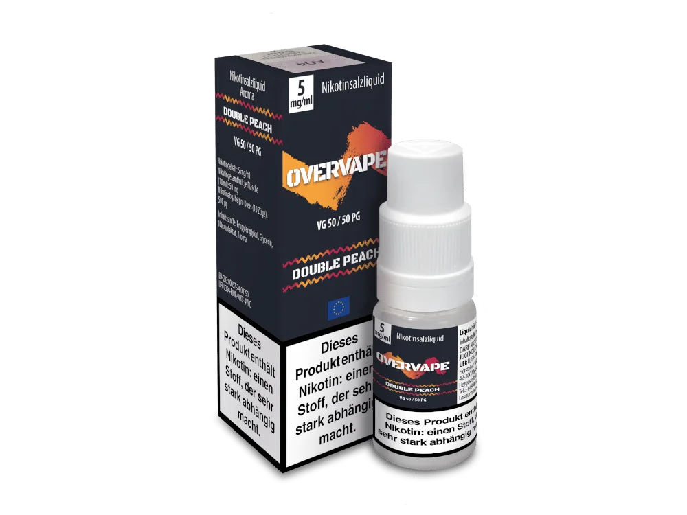 overvape_nicsalt_double-peach_5mg_1000x750.png Overvape Double Peach Nikotinsalz-Liquid 10ml – Flasche und dunkle Verpackungsbox mit orangefarbenen Akzenten