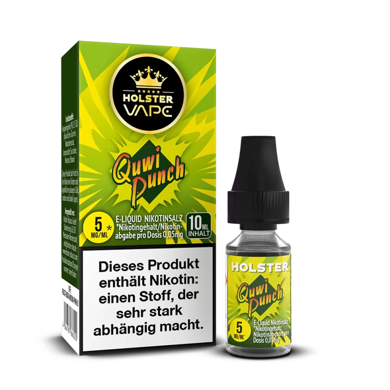 Holster Quwi Punch 10ml Nikotinsalz-Liquid, gelb-grüne Verpackung mit Früchtemotiv und 5mg Flasche