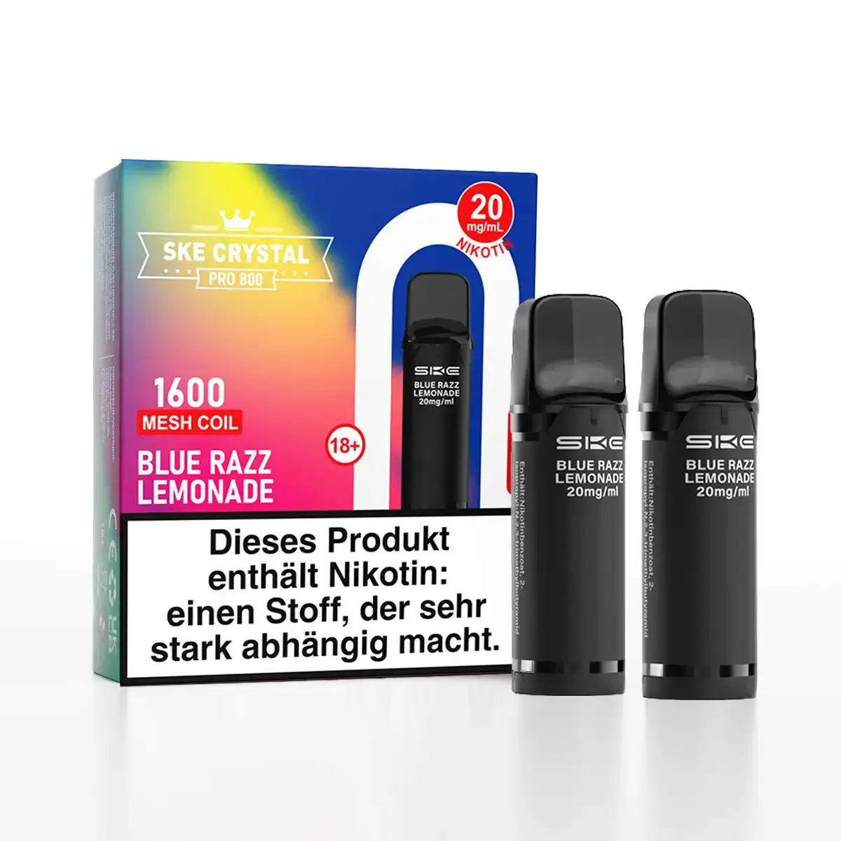 SKE Crystal 800 Pro Prefilled Pod Blue Razz Lemonade – Verpackung mit 2 schwarzen Pods, blau-gelbes Design