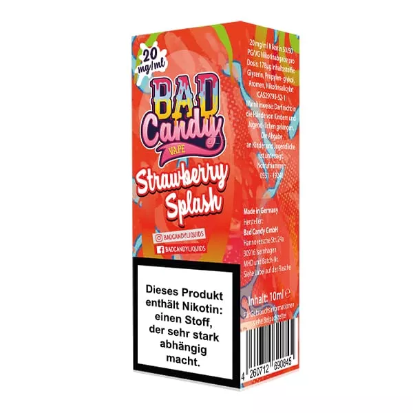 source95800.jpg Bad Candy Strawberry Splash Nikotinsalz-Liquid 10ml Flasche, seitliche Ansicht mit Beipackzettel