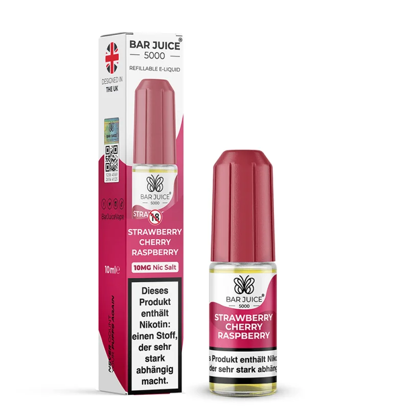 Bar Juice 5000 Strawberry Cherry Raspberry Nikotinsalz-Liquid 10ml – pinke Flasche mit Verpackung