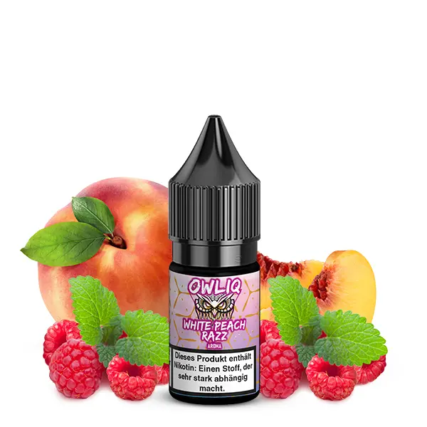 Owliq White Peach Razz 10ml Nikotinsalz-Liquid, schwarze Flasche mit rosa Etikett, Pfirsich und Himbeeren im Hintergrund