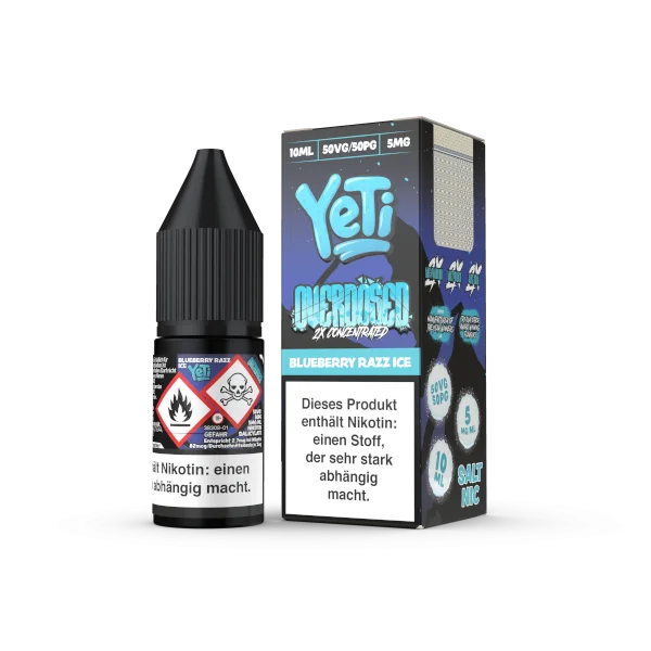 Yeti Overdosed Blueberry Razz Ice 10ml Nikotinsalz-Liquid – Flasche und Schachtel frontal