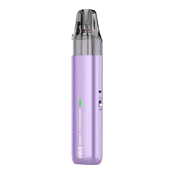 Vaporesso Vibe SE 2 Pod Kit in Lila – schlankes Pod-System mit aufgestecktem Pod und grünem LED-Streifen, Frontansicht