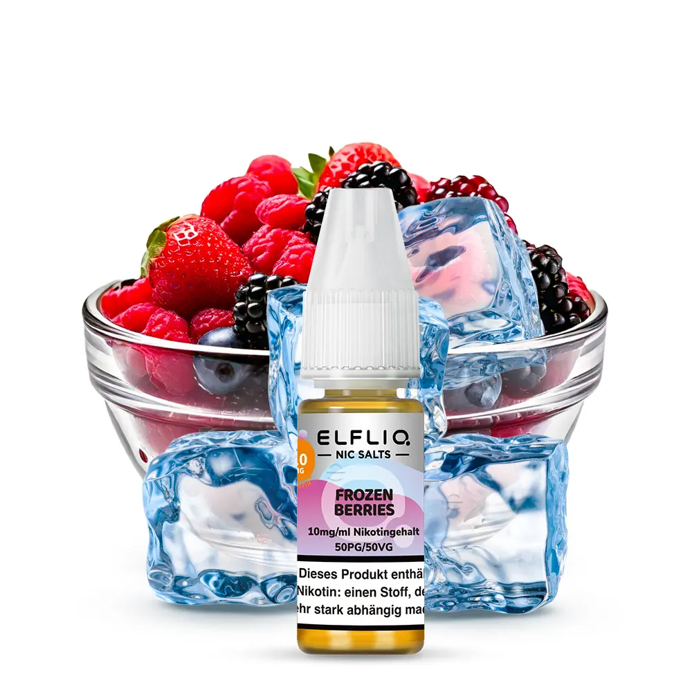 Elfbar Elfliq Frozen Berries 10ml Nikotinsalz-Liquid Flasche vor eisgekühlten Beeren