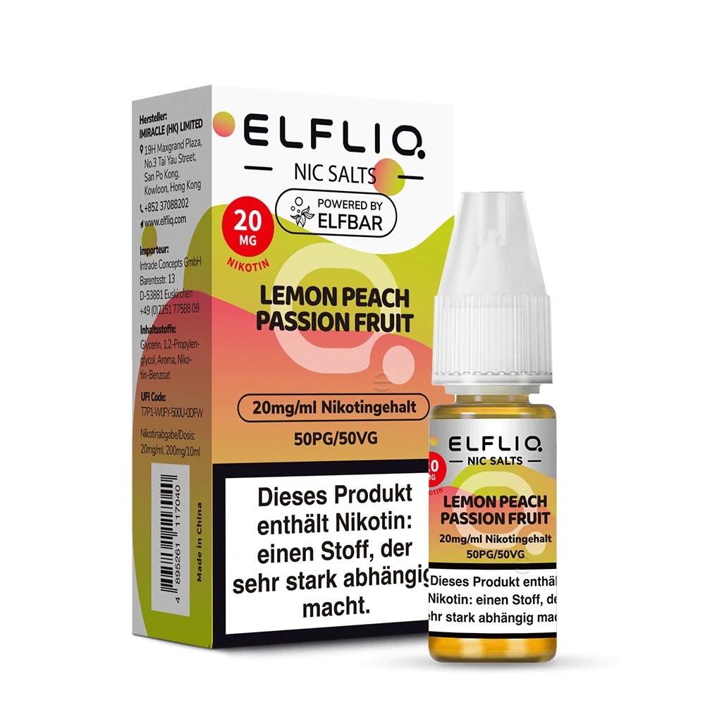 Elfliq Lemon Peach Passion Fruit 20mg Nikotinsalz-Liquid 10ml – Rückseite mit Warnhinweis