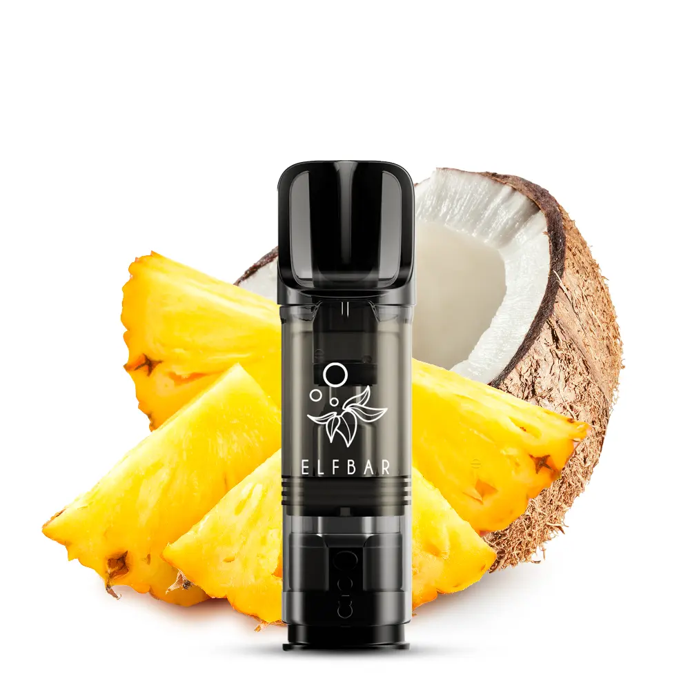 Elfbar Elfa Prefilled Pod Pineapple Coconut schwarzer Pod vor Ananas und Kokosnuss