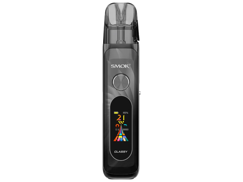 Smok Novo Classy Pod-Kit in Schwarz-Grau, Vorderansicht mit farbigem Display