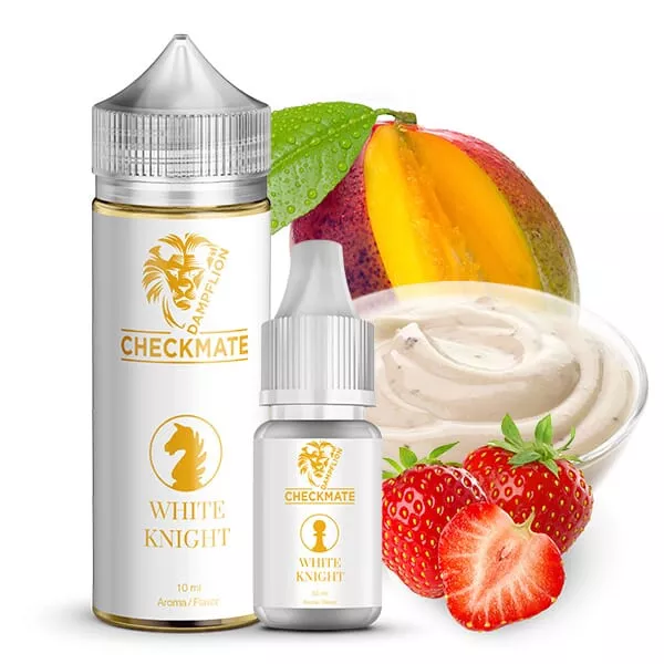 DampfLion Checkmate White Knight Longfill 10ml Flasche mit Mango, Erdbeere und Sahne im Hintergrund