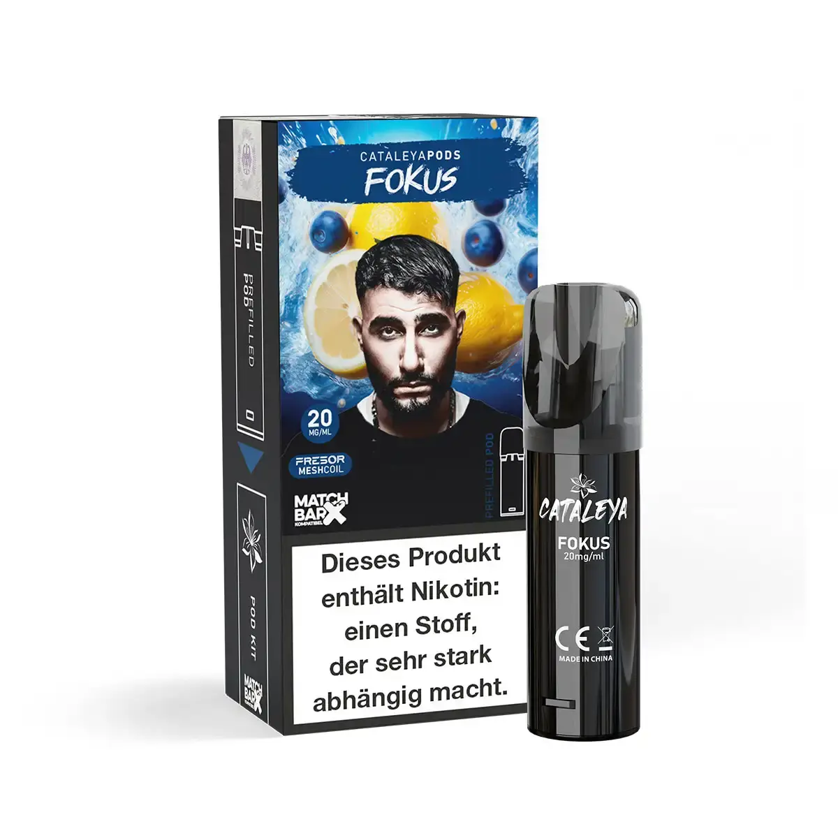 Cataleya Prefilled Pod Fokus – Verpackung in Blauschwarz mit Männerporträt und schwarzem Pod