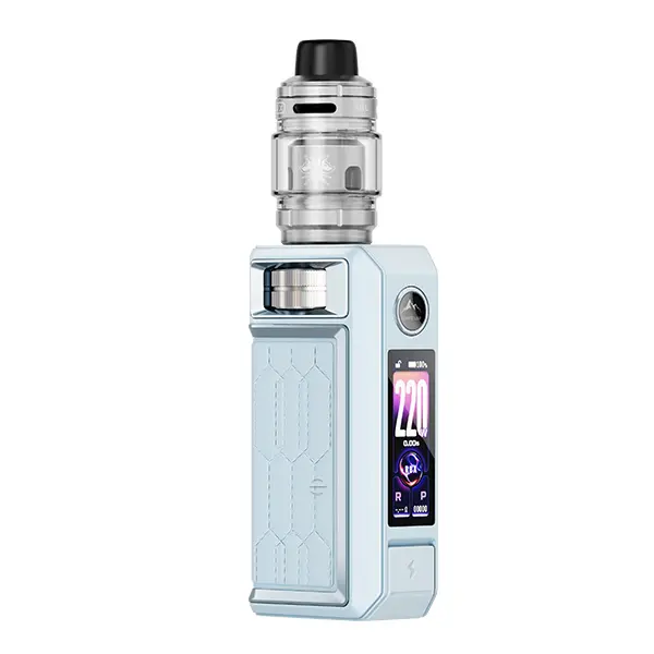 VooPoo Drag 6 Kit in Hellblau mit aufgesetztem Tank, Frontansicht mit farbigem Display