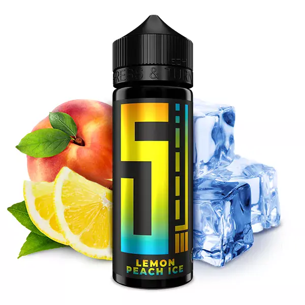 5 Elements Lemon Peach Ice Longfill 120ml Flasche mit buntem Label, Zitrone, Pfirsich und Eiswürfeln im Hintergrund