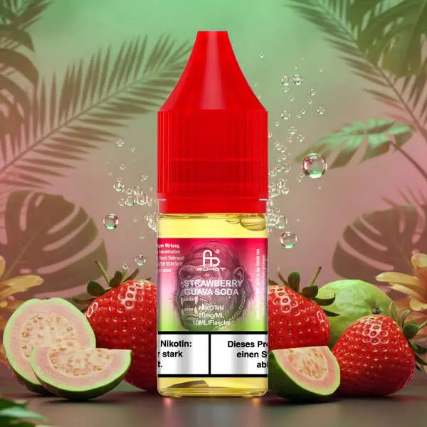 Fumot Strawberry Guava Soda 10ml Nikotinsalz-Liquid, rote Flasche mit Erdbeer- und Guaven-Motiv im Hintergrund