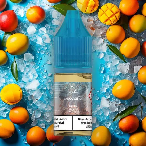 Fumot Mango On Ice 10ml Nikotinsalz-Liquid von RandM, blaue Flasche, umgeben von Mangos und Eiswürfeln