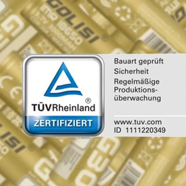 source87942.jpg TÜV Rheinland Zertifizierungssiegel auf goldfarbenem Golisi G30 18650 Akku 3000mAh