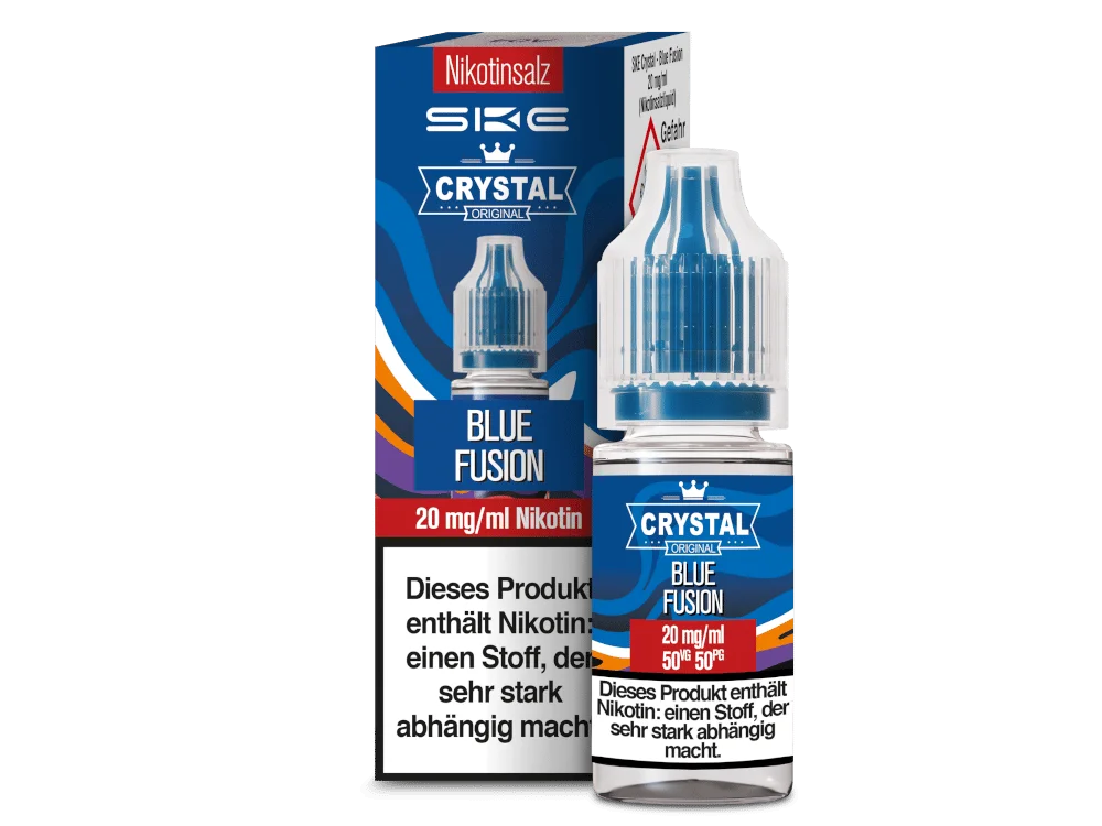SKE Crystal Blue Fusion 10ml Nikotinsalz-Liquid – Flasche mit blau-orangem Etikett und Verpackung