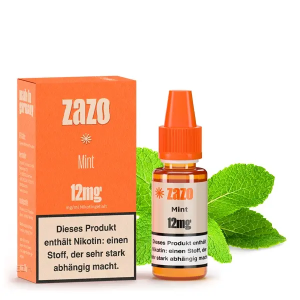 ZAZO Classics Mint 10ml Liquid – orangefarbene Box und Flasche mit frischen Minzblättern, 12mg