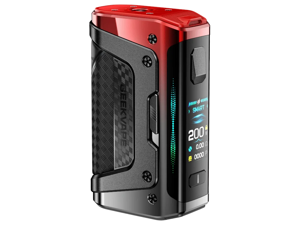 GeekVape Aegis Legend 5 Mod in Rot-Schwarz mit Carbon-Optik und farbigem Display, Frontansicht
