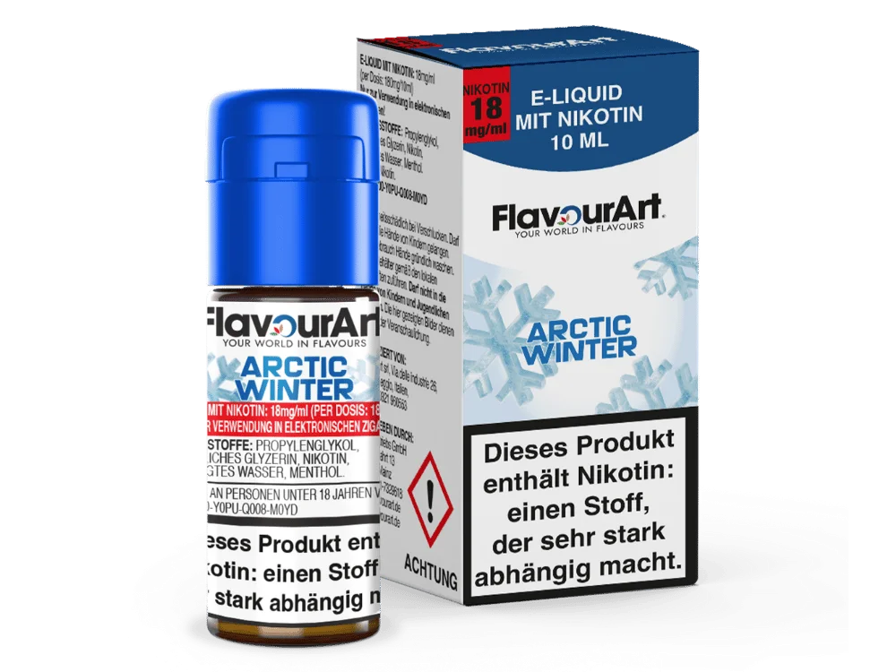 Flavourart Arctic Winter 10ml Liquid – blaue Flasche mit Schachtel und roter Banderole