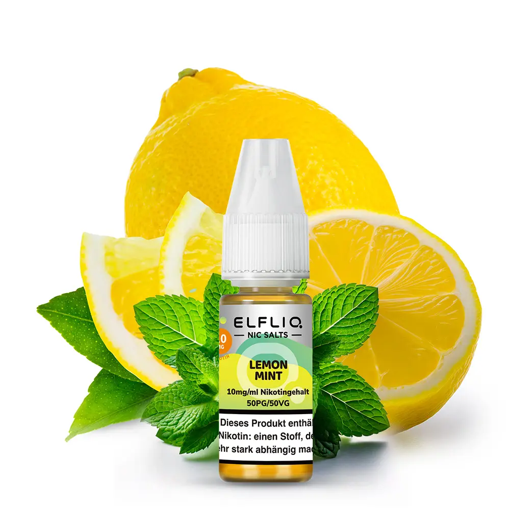 elfliq-lemon-mint-1hRuPdibuUlL8f.jpg Elfbar Elfliq Lemon Mint 10ml Nikotinsalz-Liquid Flasche vor Zitronen und Minzblättern