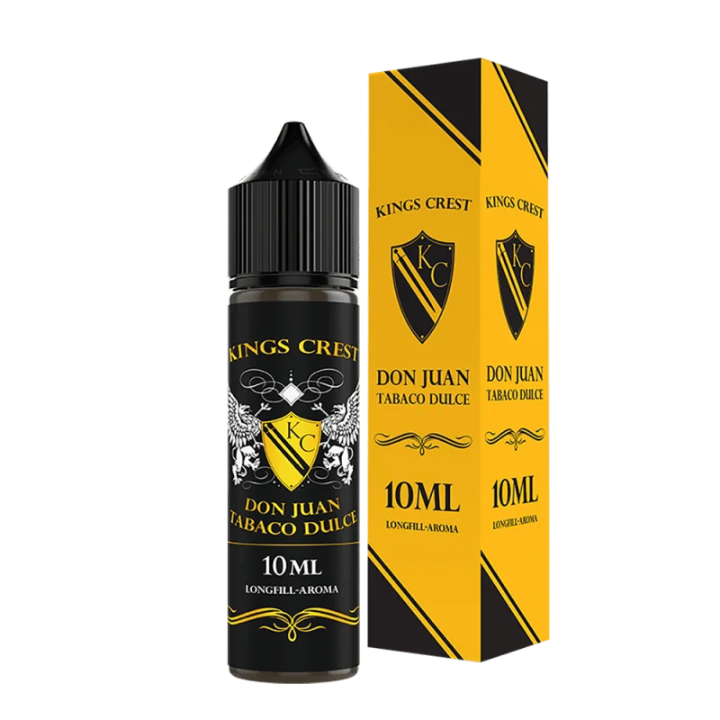 Kings Crest Don Juan Tobaco Dulce Longfill 10ml in schwarzer Flasche mit goldgelber Verpackungsbox
