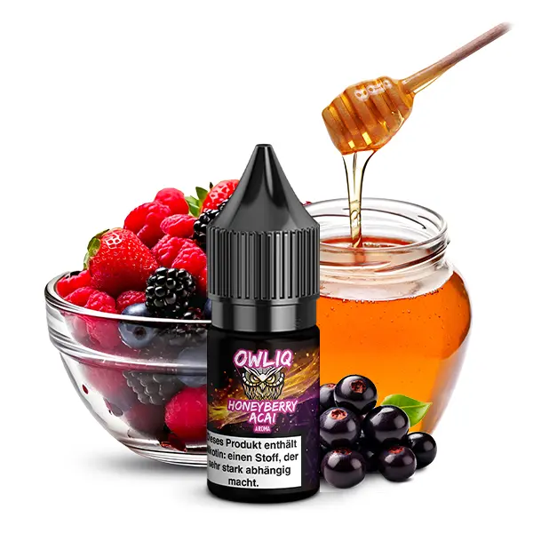 Owliq Honeyberry 10 ml Nikotinsalz-Liquid Flasche mit Beerenschüssel und Honig im Hintergrund